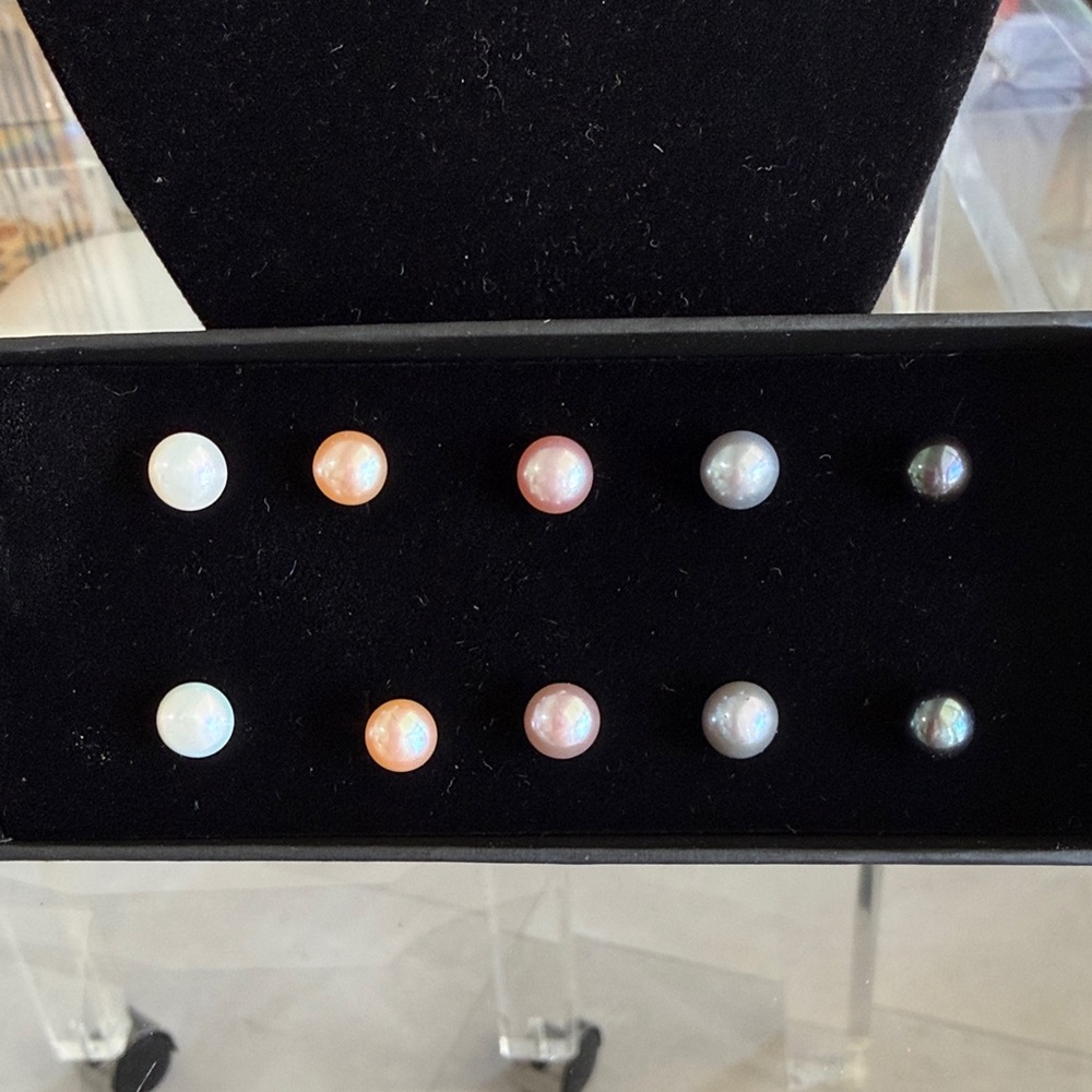 Multicolor Freshwater Pearl Stud Earrings Set - White, Peach, Pink, Gray, Black